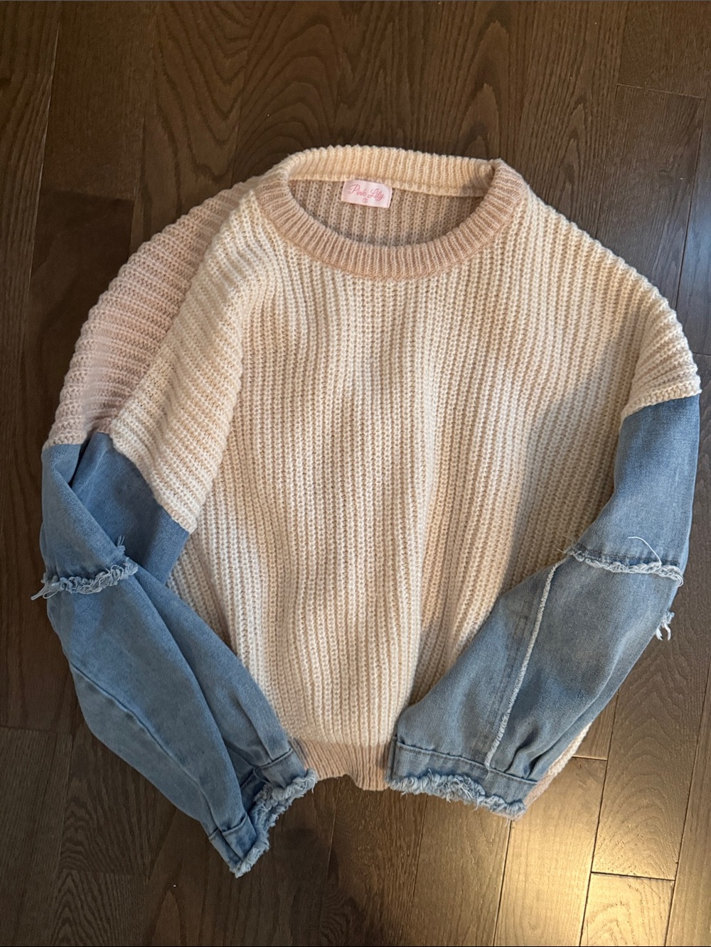 Pink Lily Cream Knit Sweater with Blue Denim Sleeves